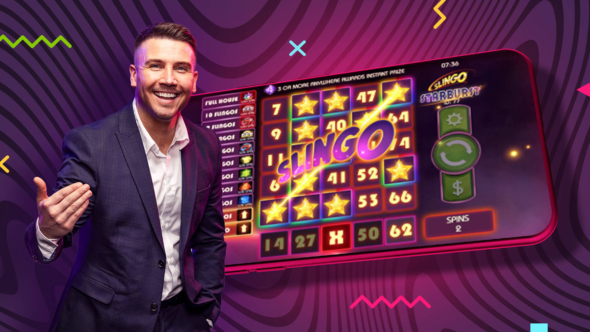 man standing in front of a mobile slingo game