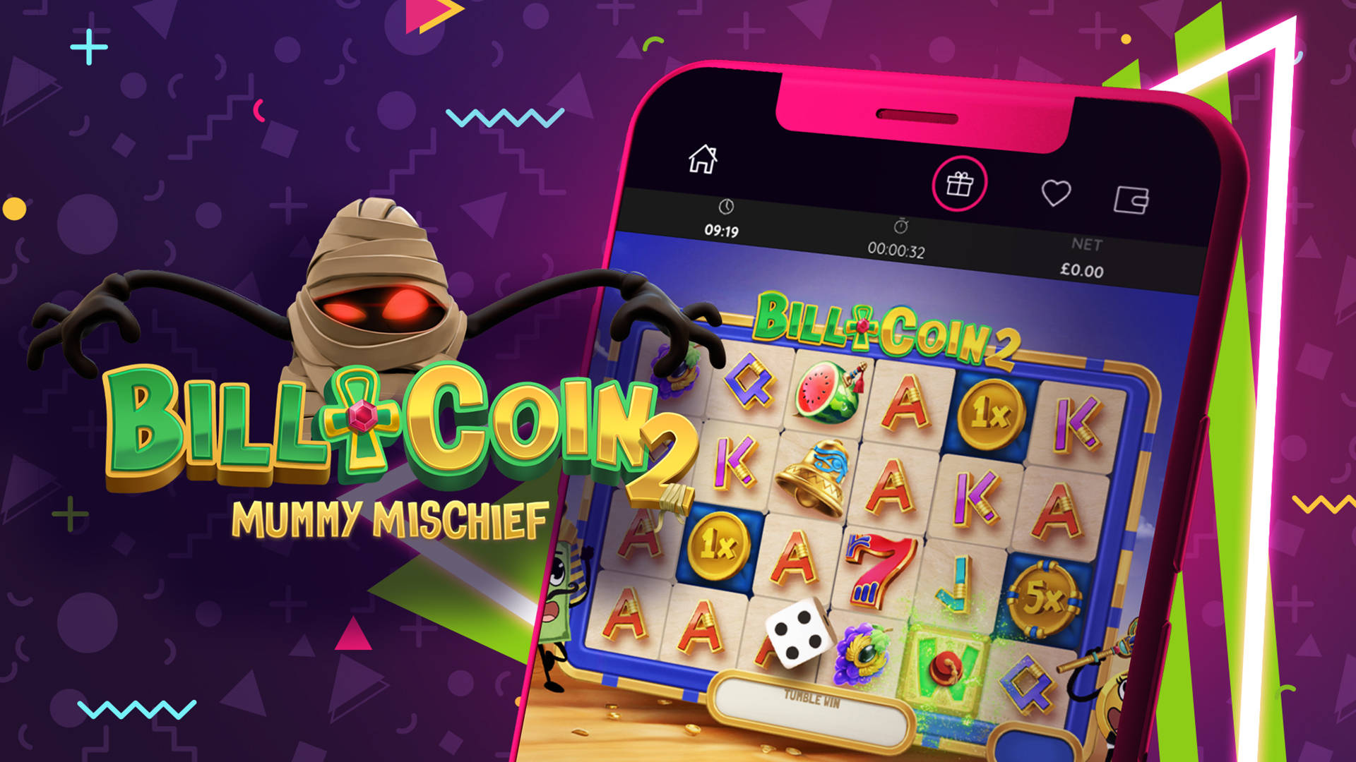 Bill and Coin 2 Mummy Mischief slot game on a mobile device.