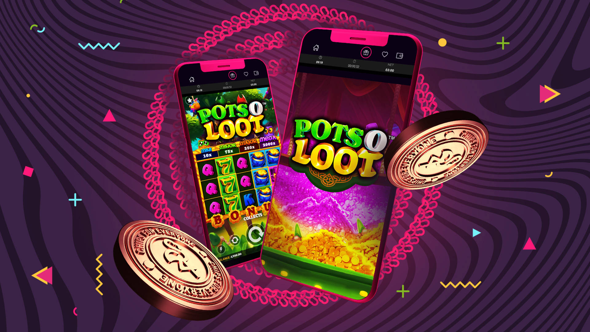 Mobile game 'Pots O Loot' displayed on two phones with gold coins on a purple patterned background.