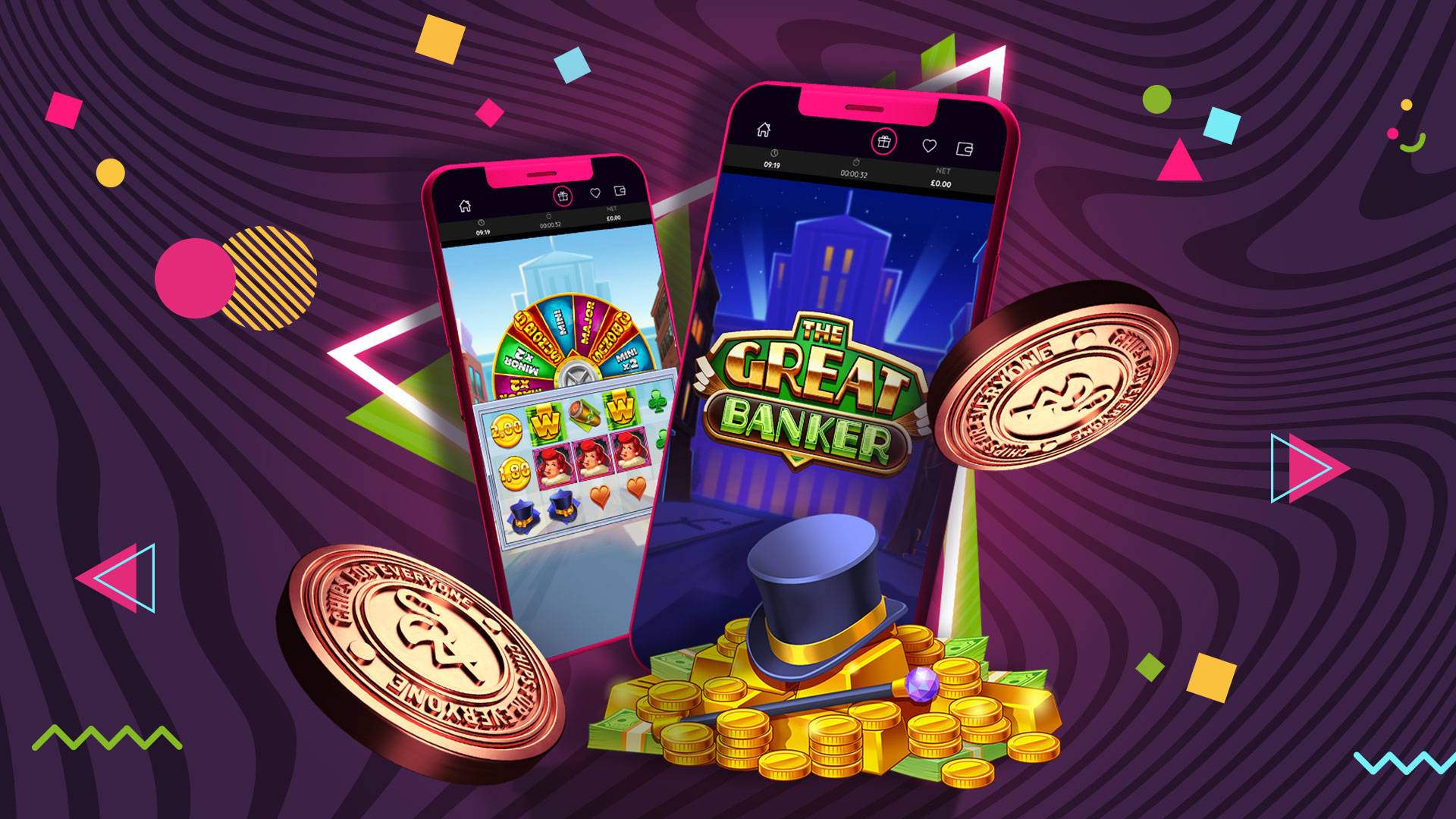 The Great Banker: Two phones displaying casino games, with gold coins and cash.