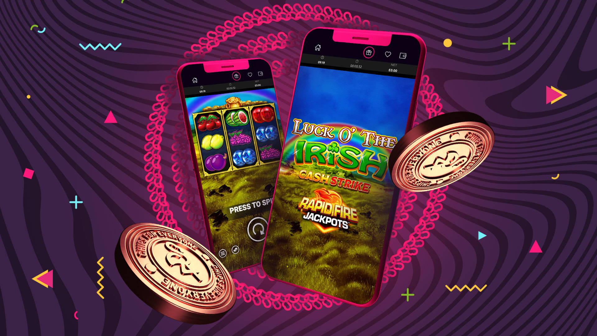 Luck O' The Irish Cash Strike Rapid Fire Two phones displaying a casino game and a gold chip.