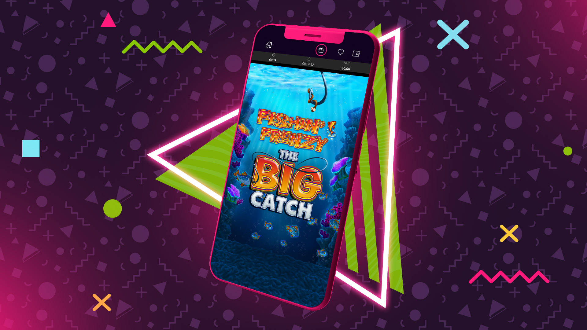 Mobile phone displaying the game 'Fishin' Frenzy: The Big Catch' on its screen.