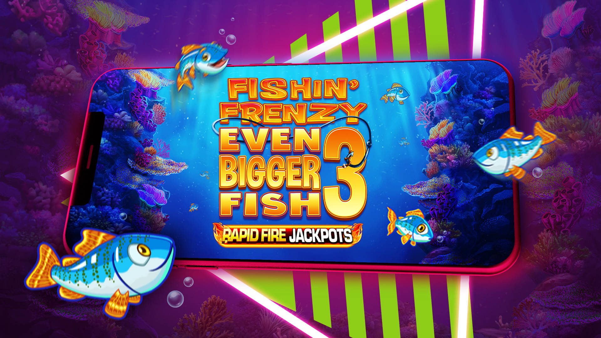 Fishin' Frenzy Even Bigger Catch 3 slot game with Rapid Fire Jackpots on a mobile phone screen.