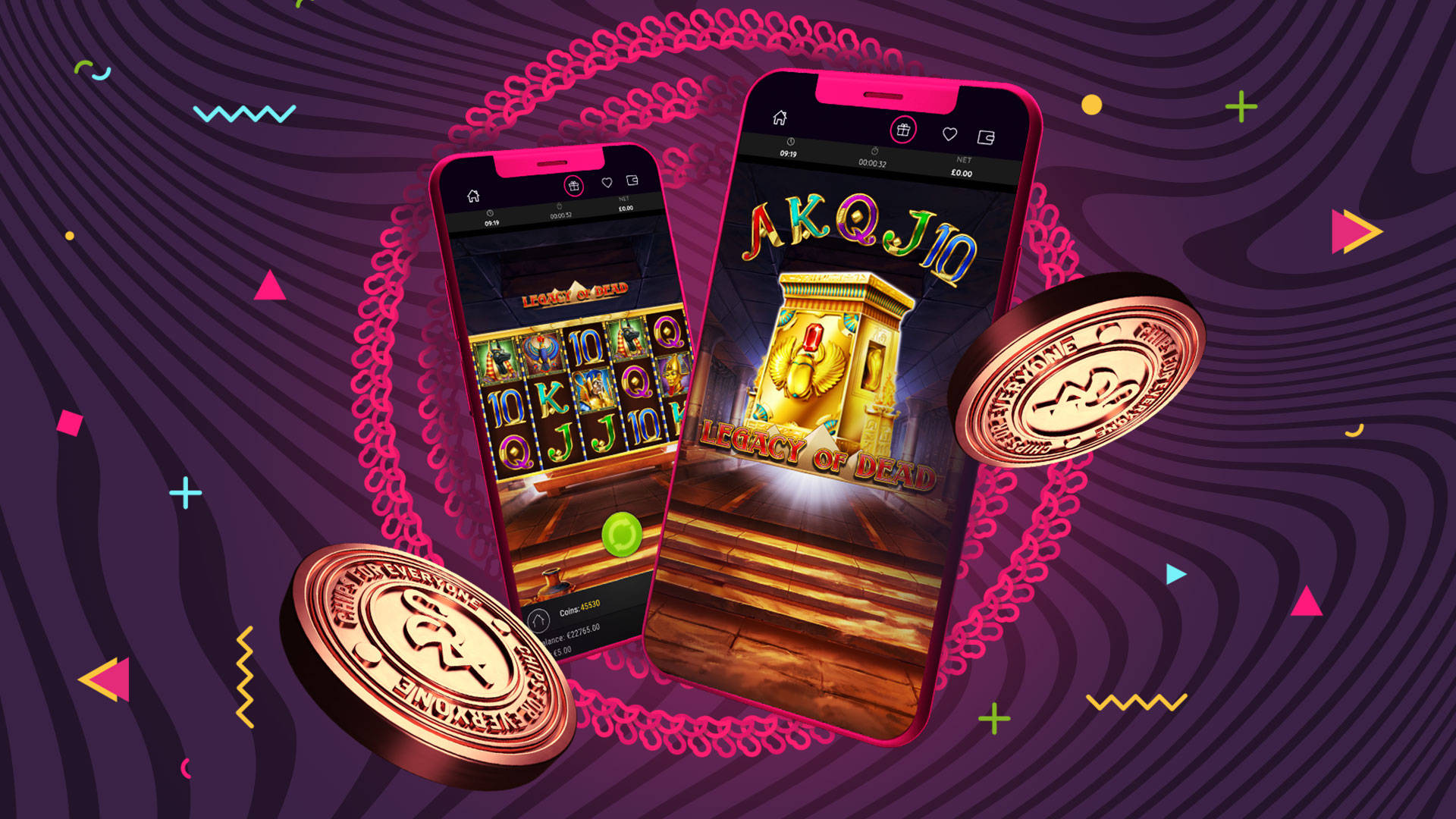 Two phones displaying the Legacy of Dead slot game, with golden chips.