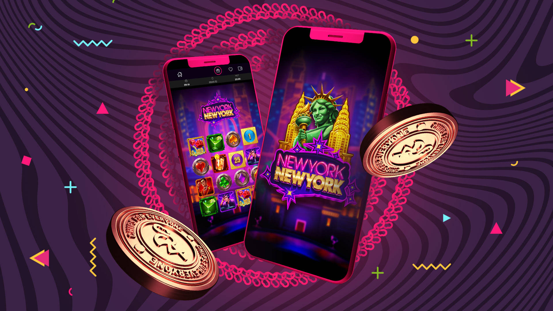 New York New York game logo with gold coins on a purple background.