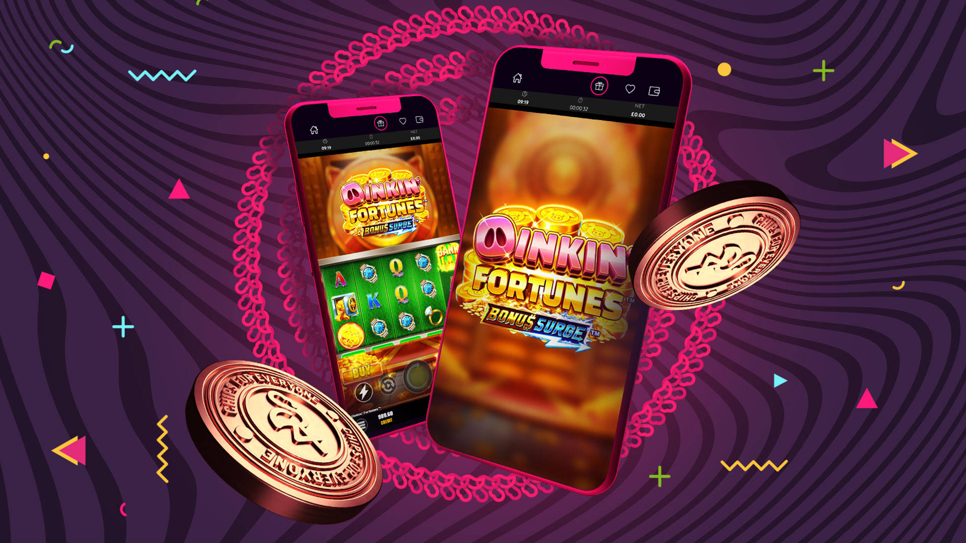 Two smartphones displaying the 'Oinkin Fortunes' slot game with a Bonus Surge feature.