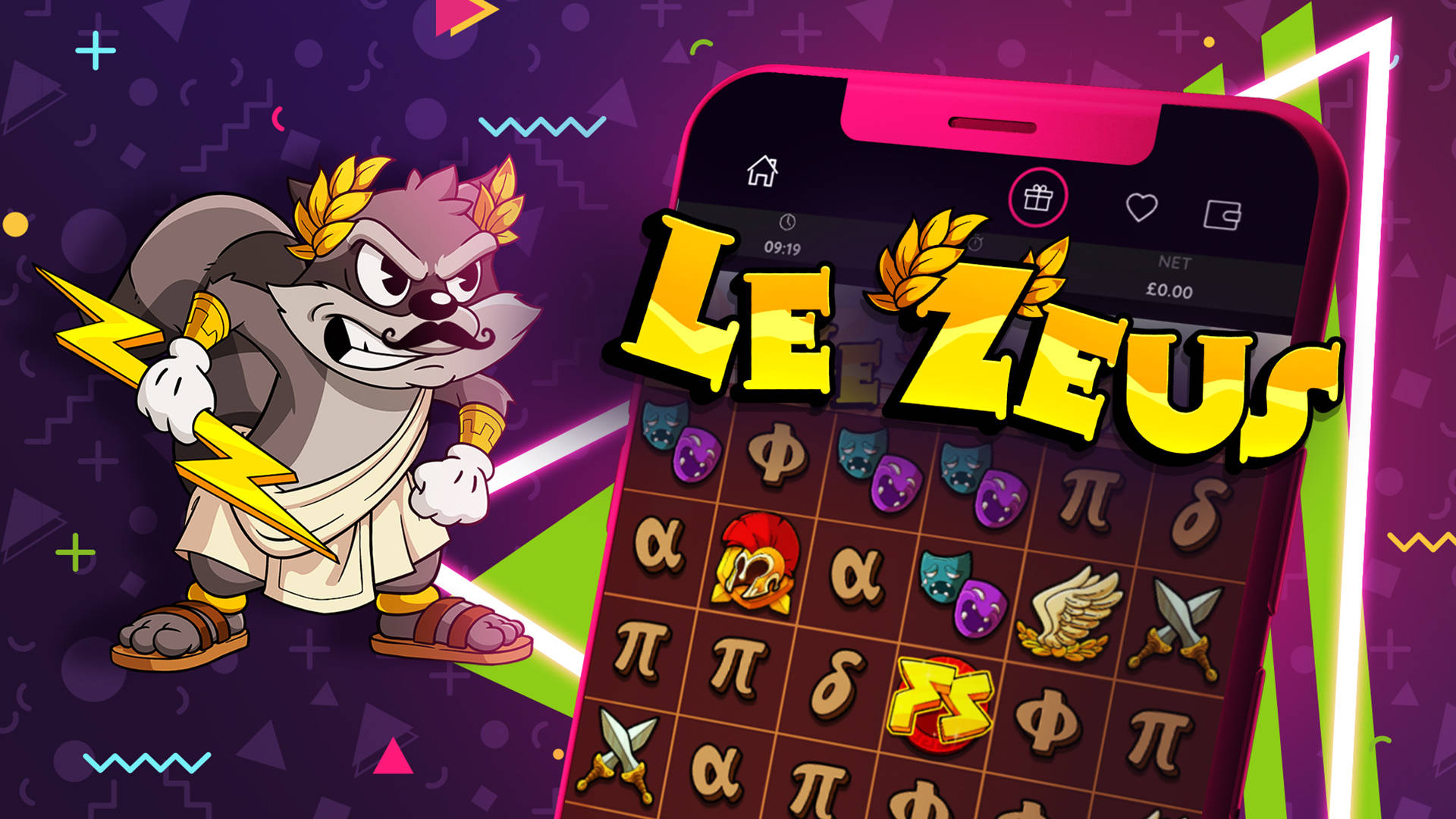 Cartoon raccoon dressed as Zeus holding lightning bolt, with a mobile game screen displaying 'Le Zeus'.