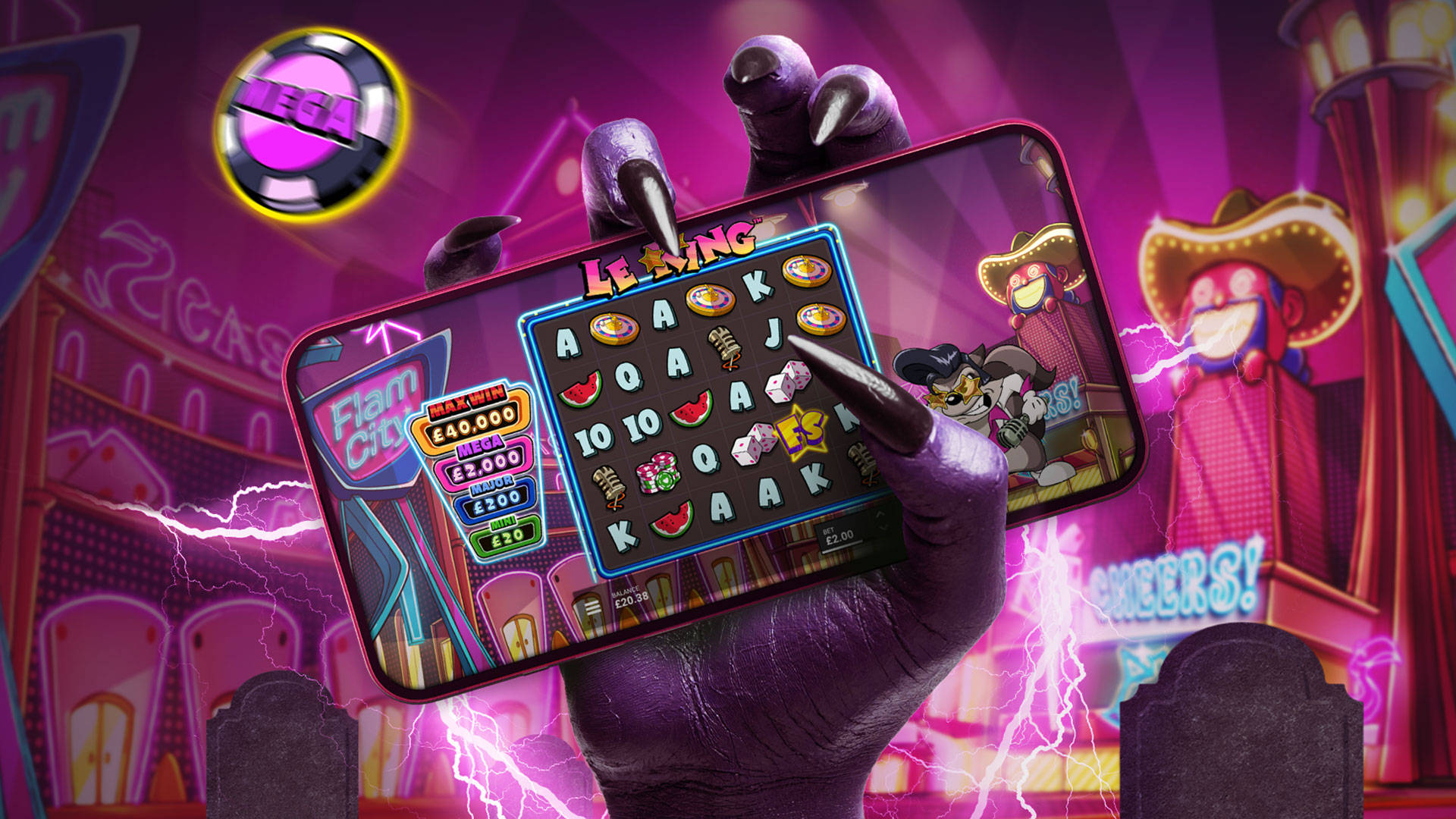 Mobile slot game with a claw holding the phone, featuring a Mega jackpot and casino-themed background.