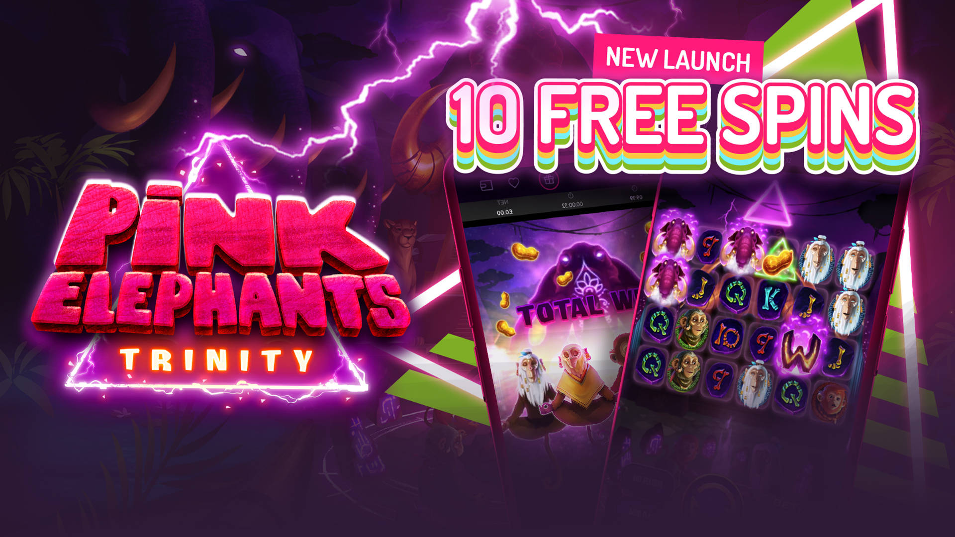 Pink Elephants Trinity game promotion with a new launch offer of 10 Free Spins.