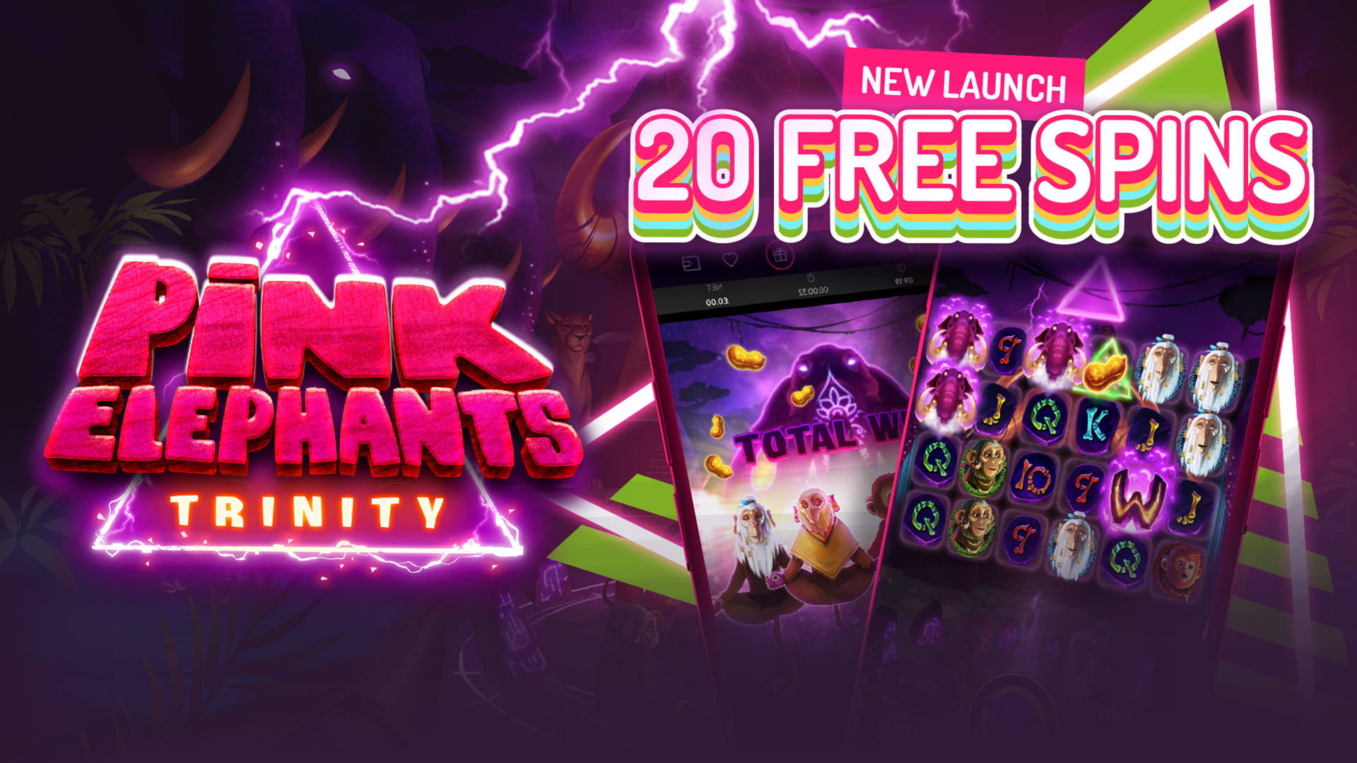 Pink Elephants Trinity game promotion with a new launch offer of 20 Free Spins.