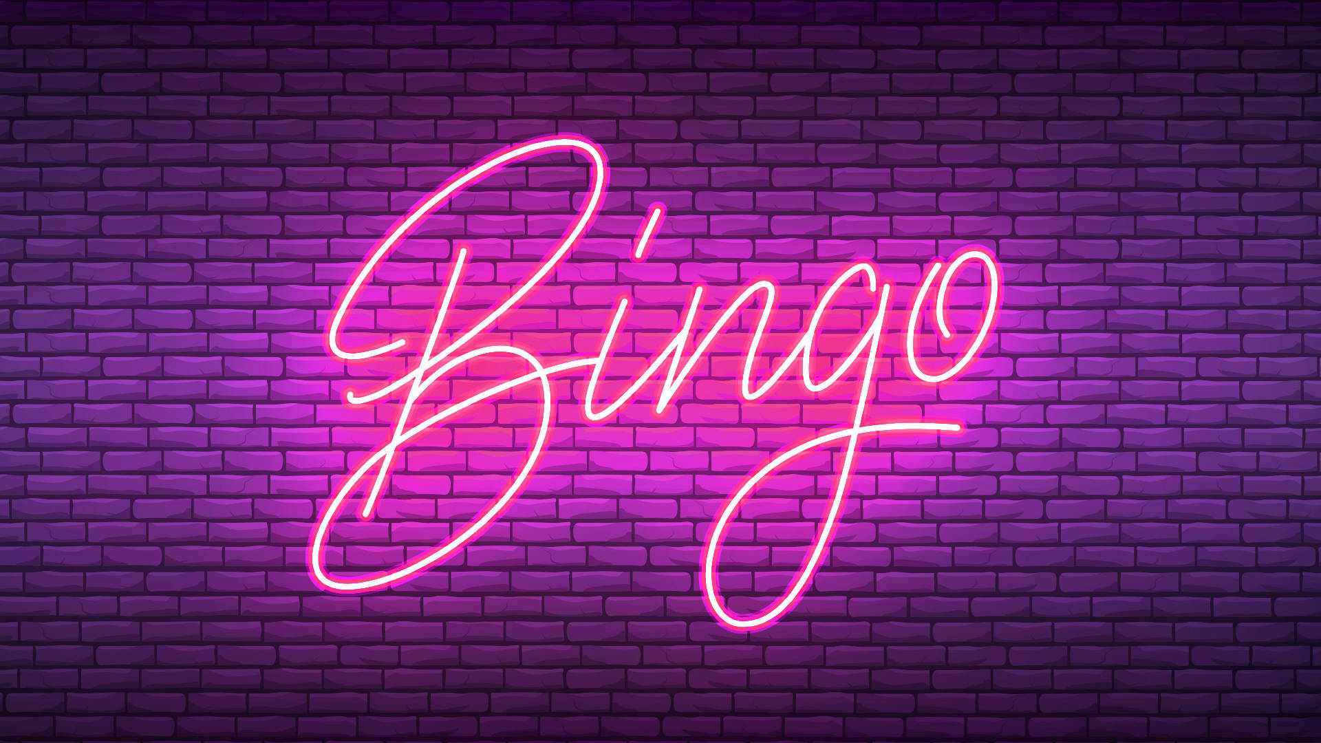 Neon 'Bingo' sign against a purple brick wall.