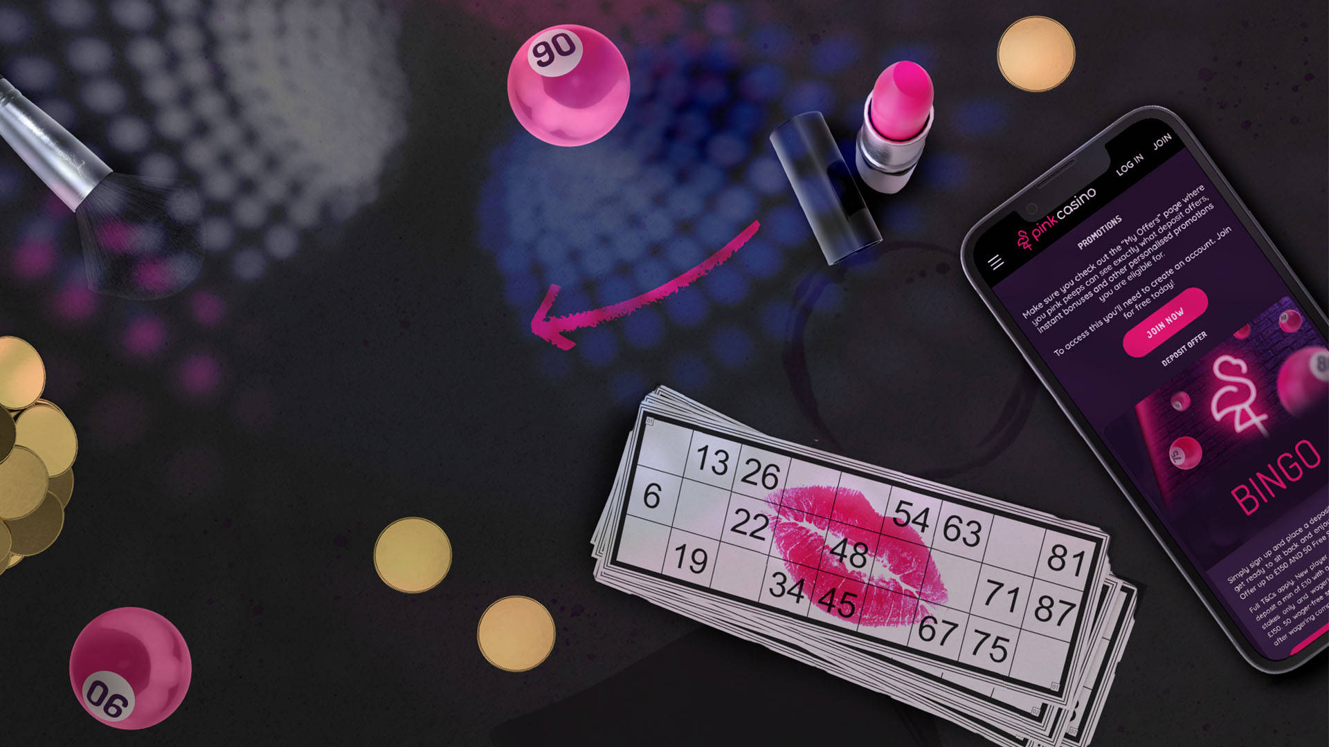 image with an assortment of items including bingo balls, coins, bingo card, makeup, and a mobile phone featuring the Pink Casino category on-site