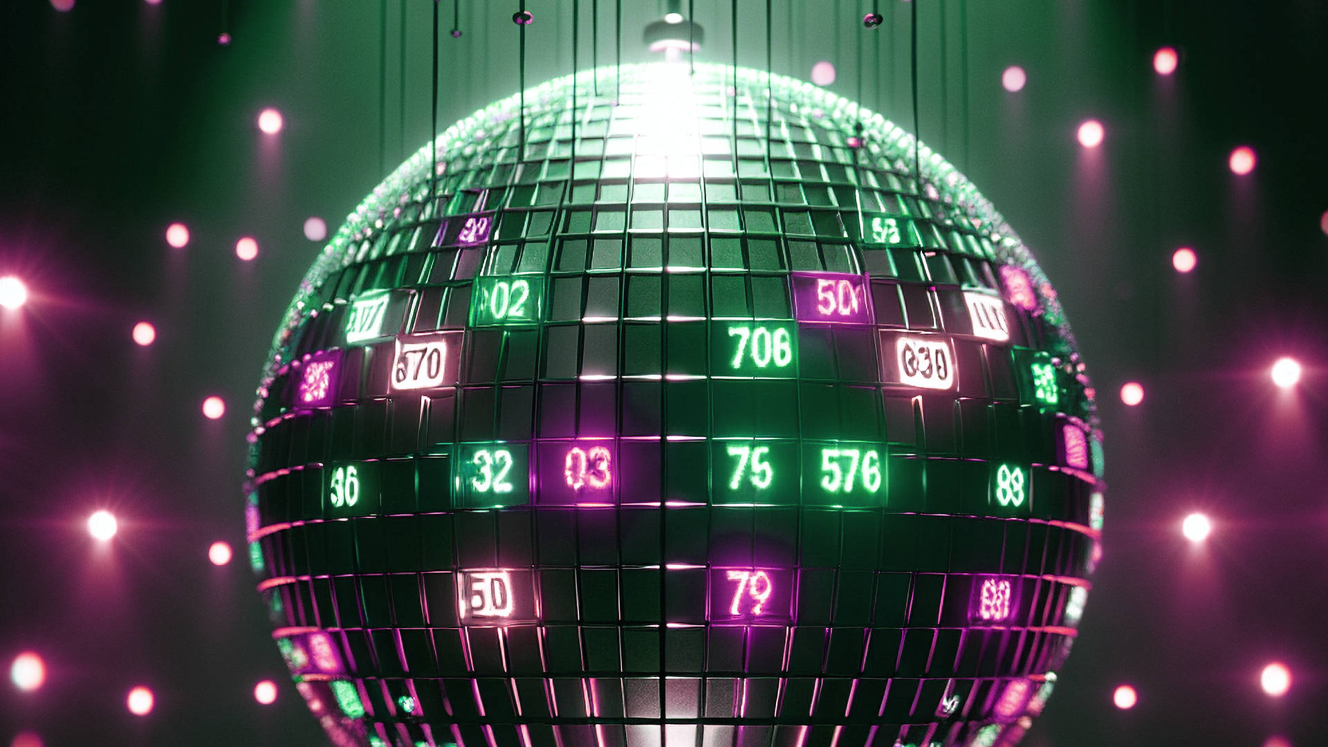 A disco ball with illuminated numbers in green and pink.