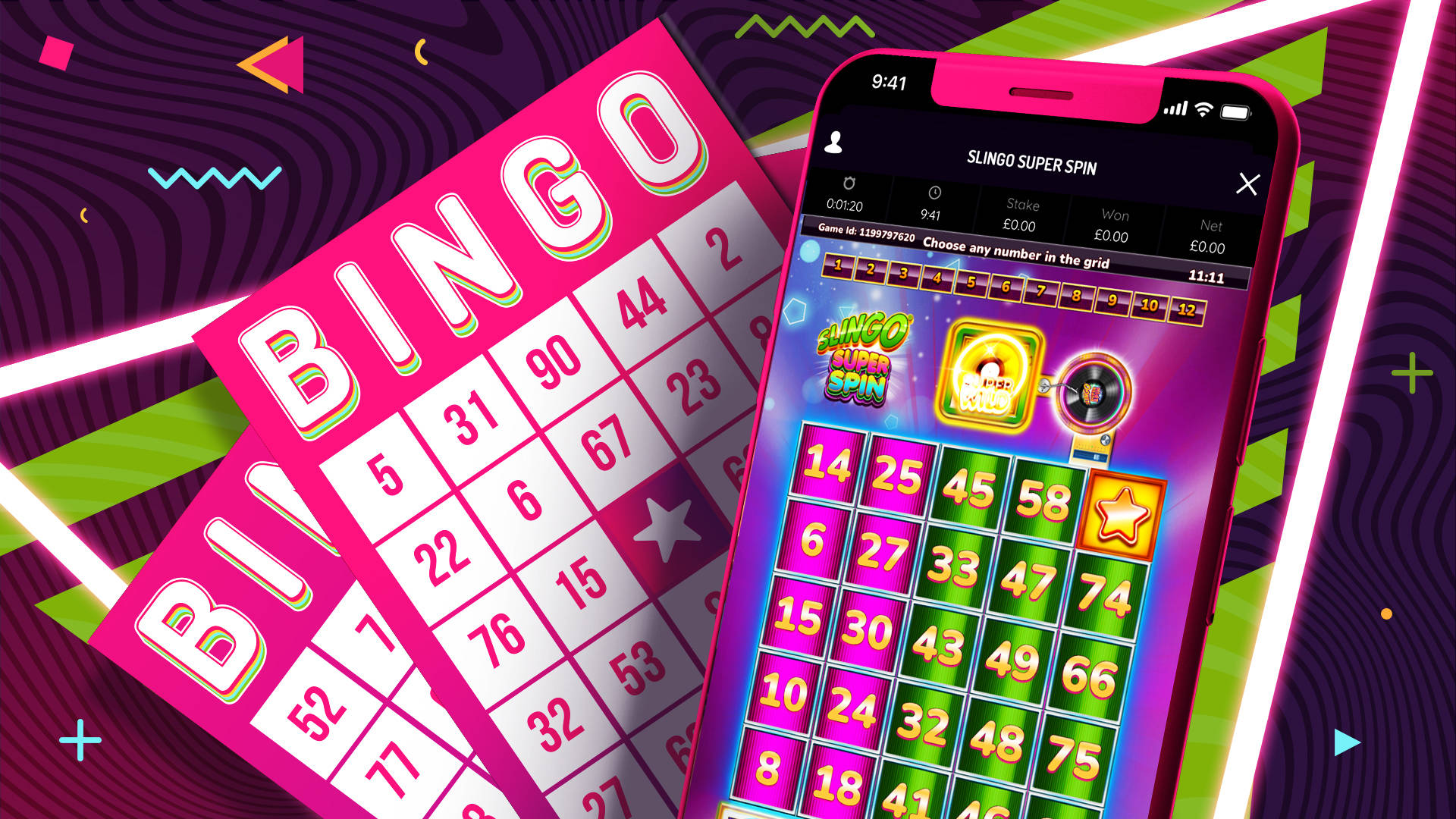 Bingo cards and a mobile phone displaying a Slingo Super Spin game interface.