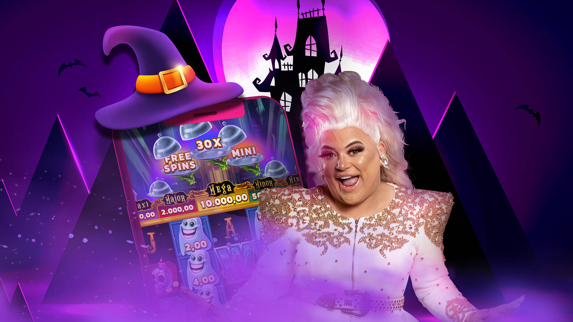 Drag artist promoting a slot game with Free Spins and a Halloween theme.