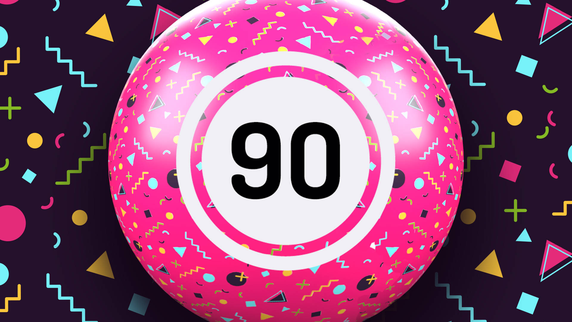 Bingo ball with the number 90 on a patterned background.