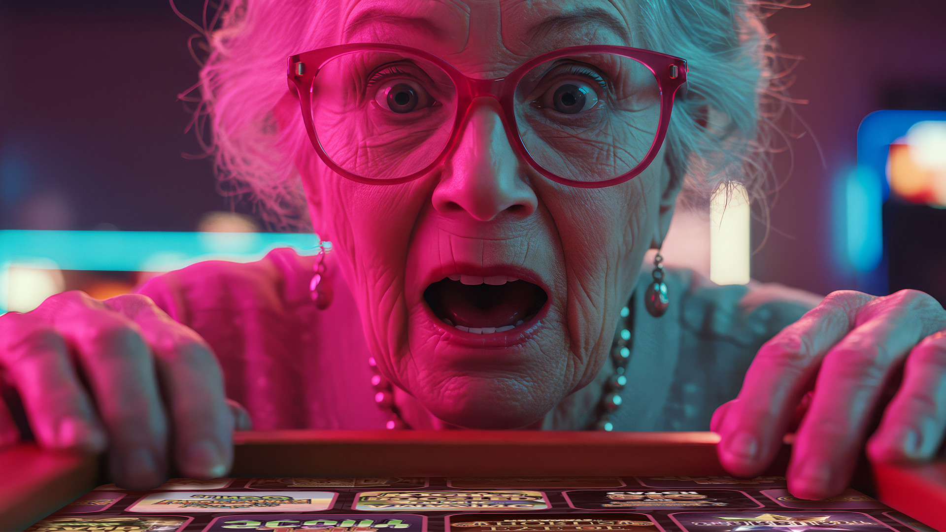 Excited older woman with glasses playing a casino game.