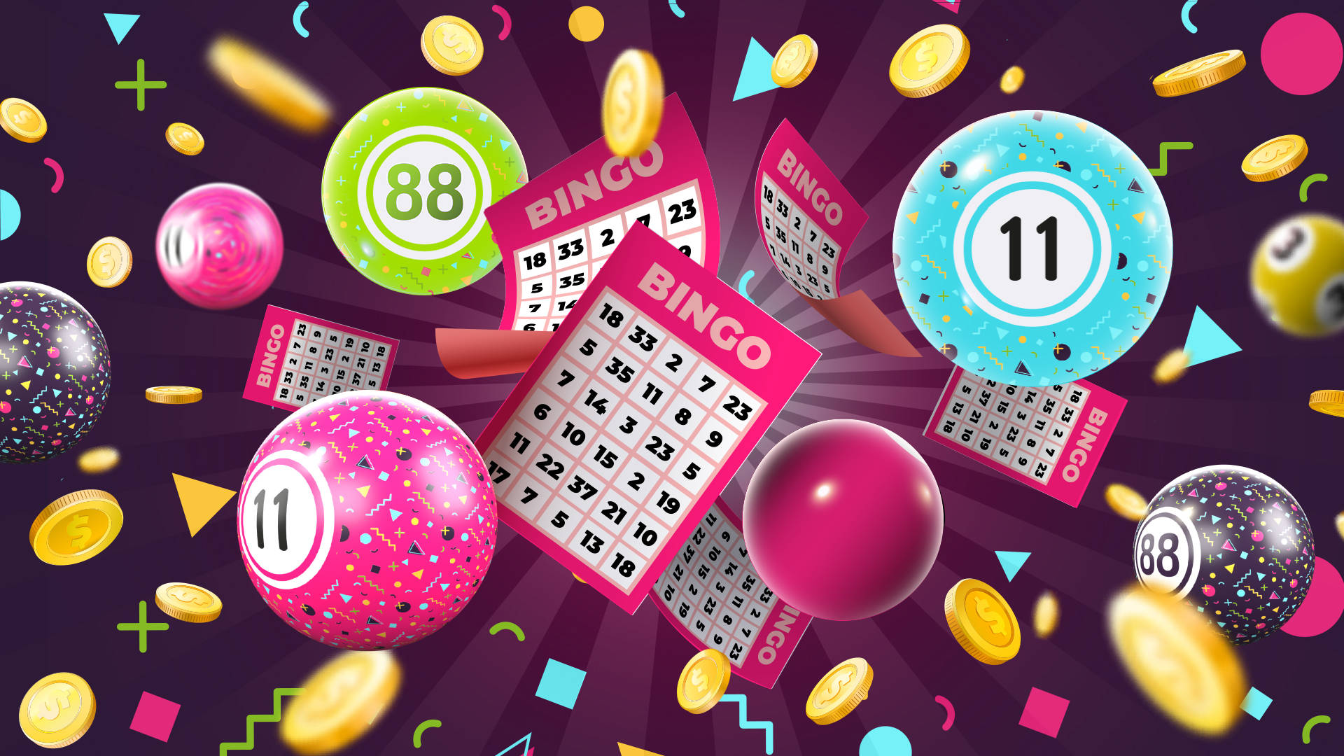Bingo balls, cards, and gold coins floating on a purple background.