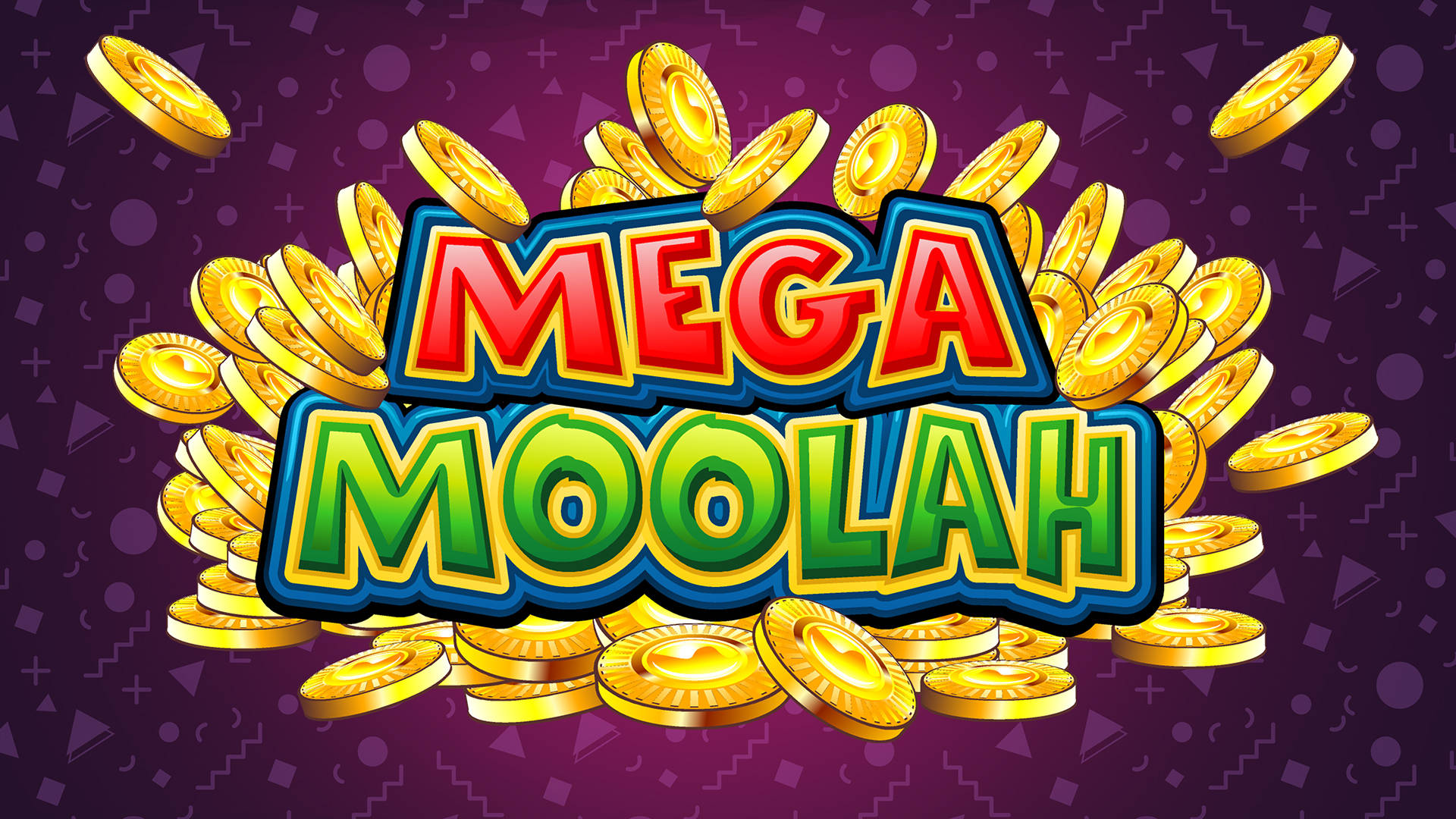 Mega Moolah logo with gold coins on a purple background.