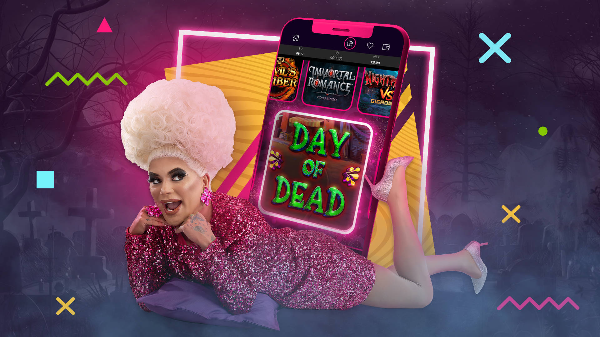 Baga Chipz poses with a phone screen featuring images of popular Halloween slot games