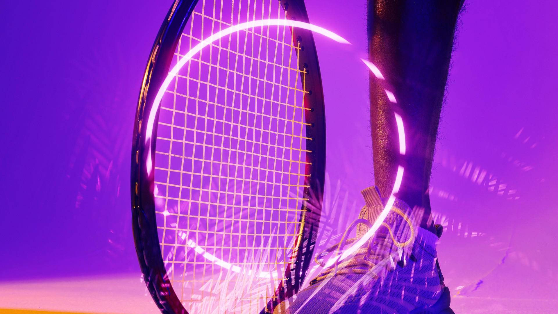 Close-up of a tennis racket and trainer against a purple background with neon lighting.