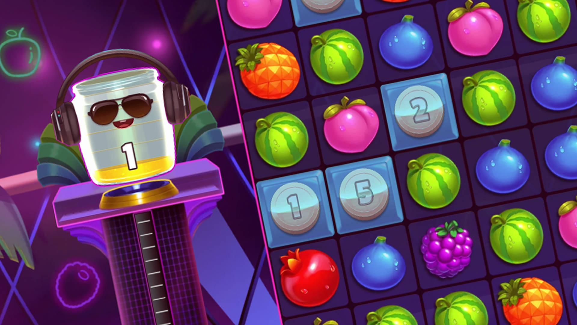 Cartoon jar with headphones and sunglasses, alongside a matching game board with fruit and numbered tiles.