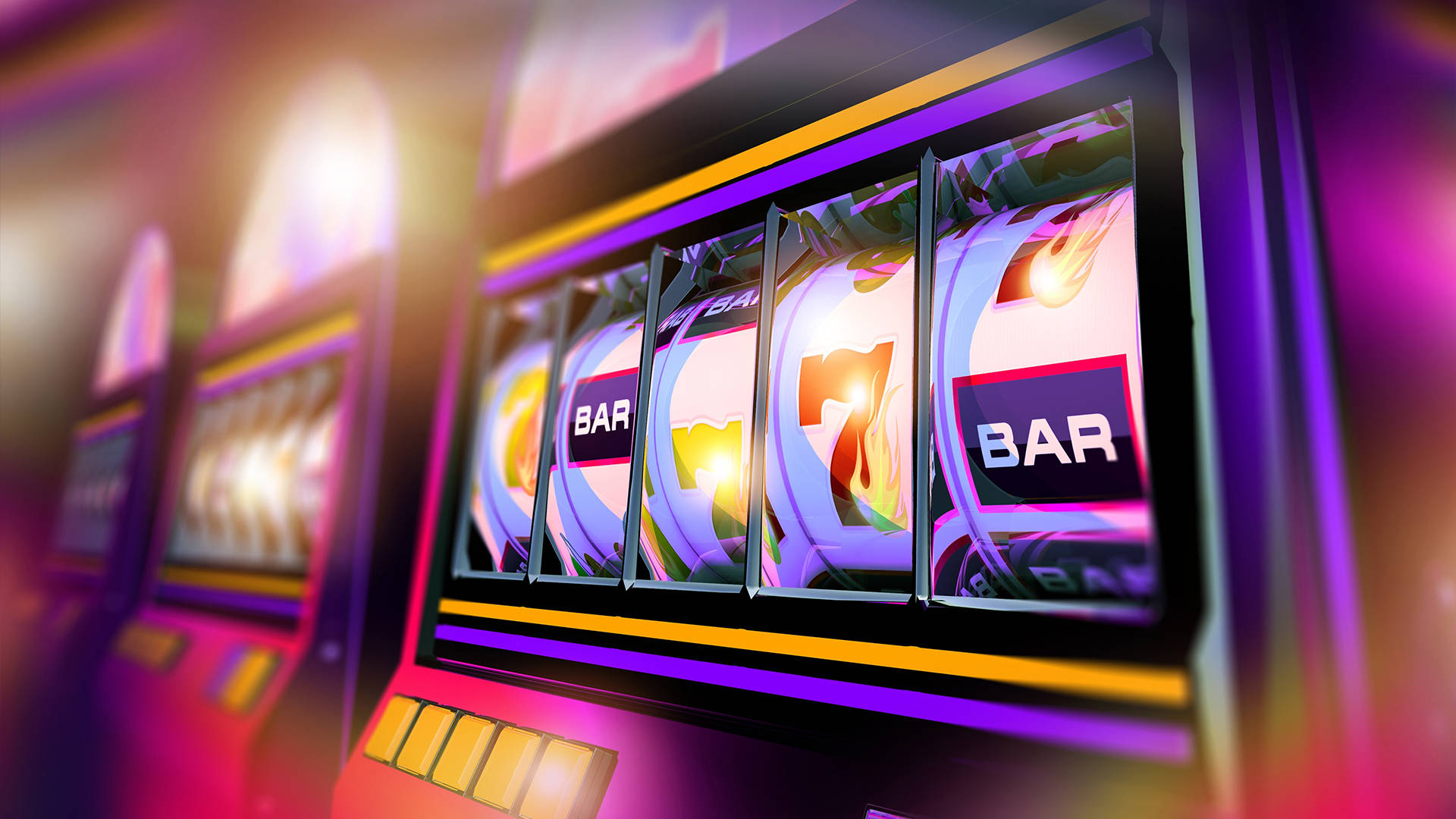 Close-up of a slot machine with 'BAR' and '7' symbols on the reels.