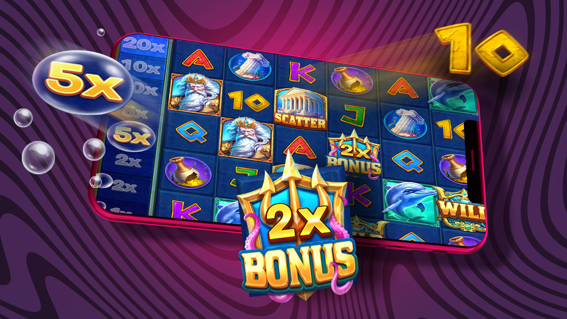 slot machine grid with various multiplier values around it