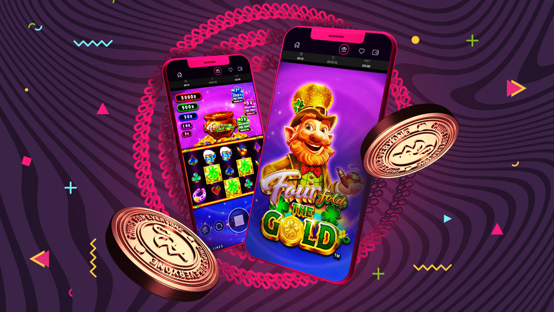Four Fold the Gold' featuring a leprechaun, Free Spins and golden chips.