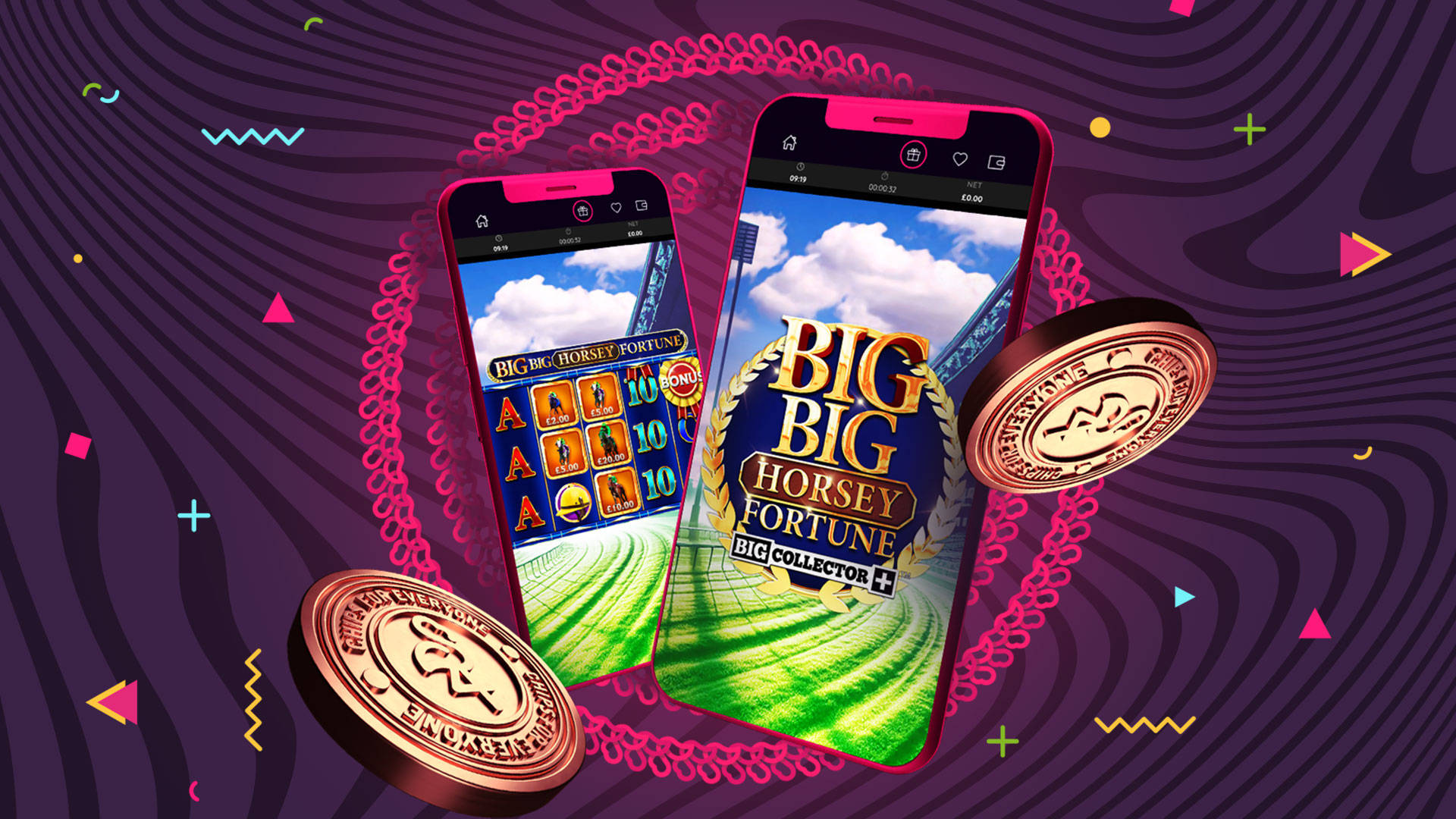 Two phones showing the Big Big Horsey Fortune game, with gold chips on a patterned background.